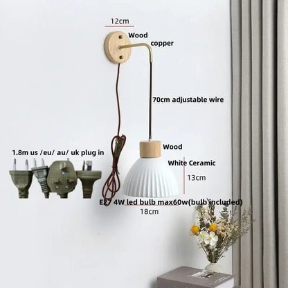 Minimalist ceramic led wall lamp with white fluted ceramic shade and wooden accents for bedroom decorbites ceramic led wall decor