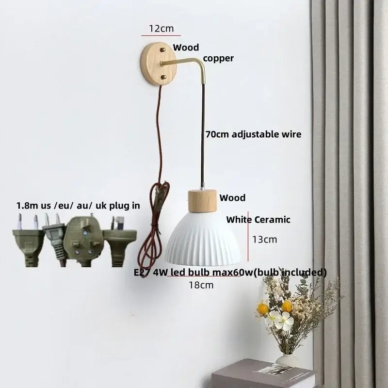 Minimalist ceramic led wall lamp with white fluted ceramic shade and wooden accents for bedroom decorbites ceramic led wall decor