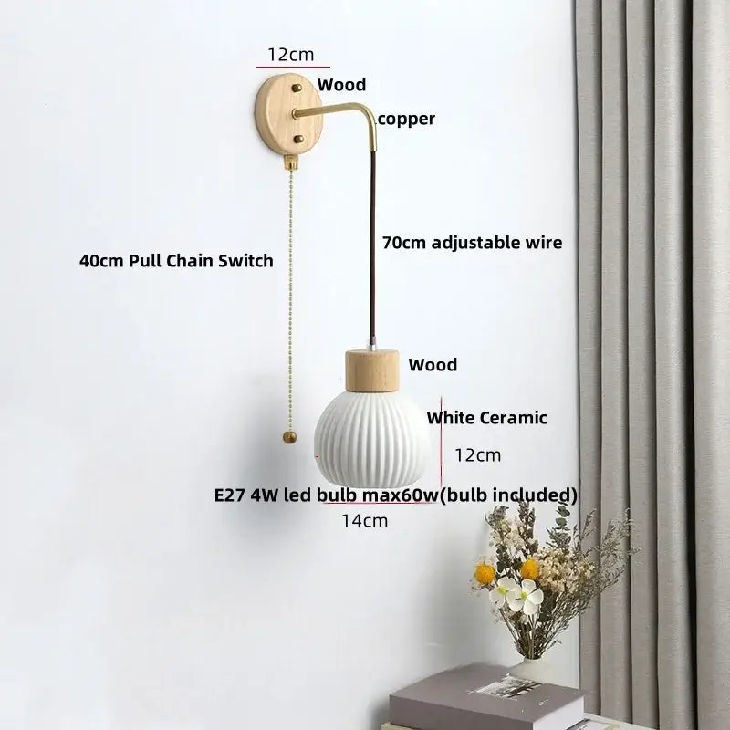 Minimalist ribbed ceramic led wall lamp with white globe, wooden accents, and copper wiring for bedroom decorbites ceramic led decor