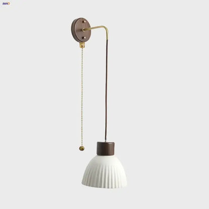 Minimalist ribbed ceramic led wall lamp with white shade dark brown wood accents and brass hardware for bedroom decorbites ceramic led