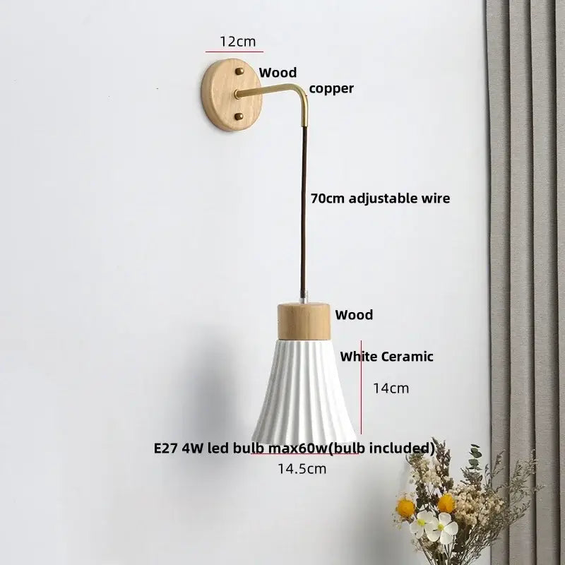 Minimalist ribbed ceramic led wall lamp with wooden base copper arm and white decorbites ceramic led shade for bedroom decor