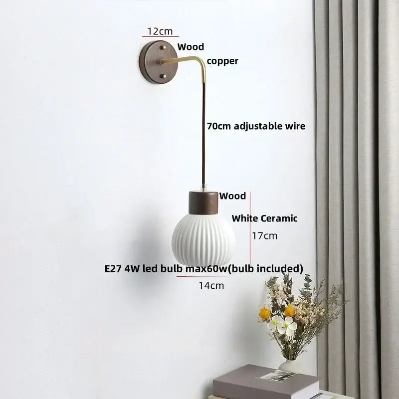 Minimalist white ceramic led wall lamp with ribbed globe wood and copper accents for bedroom decorbites ceramic led wall decor