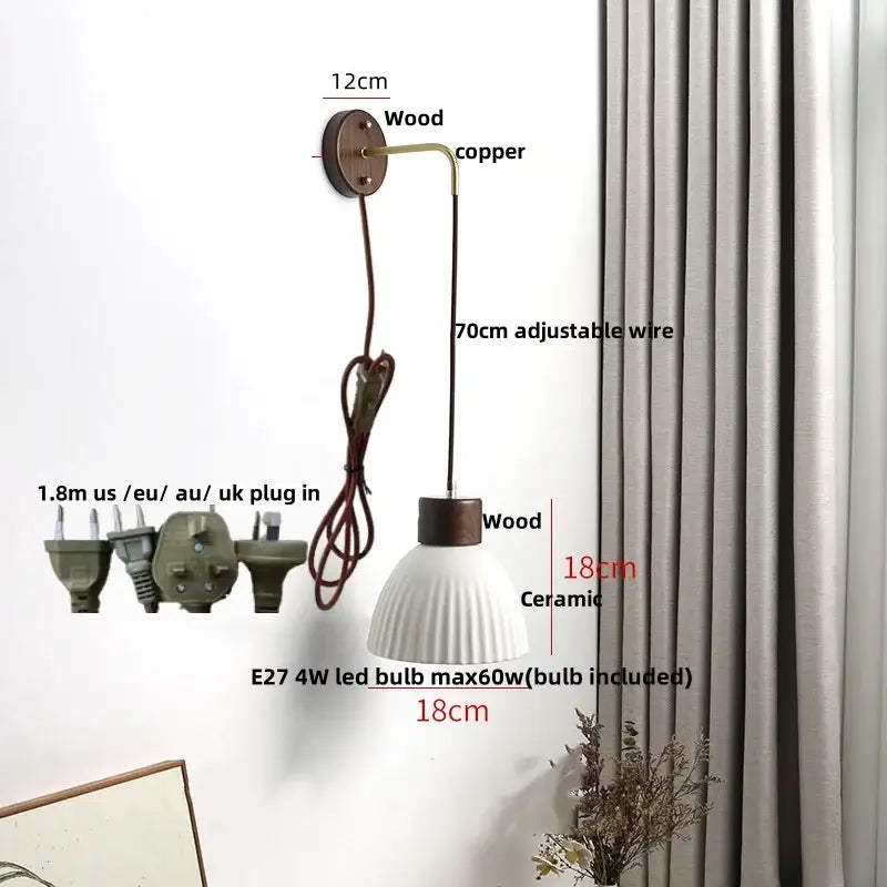 Minimalist white ceramic led wall lamp with ribbed design wooden accents and adjustable copper wire arm for bedroom decorbites ceramic led decor