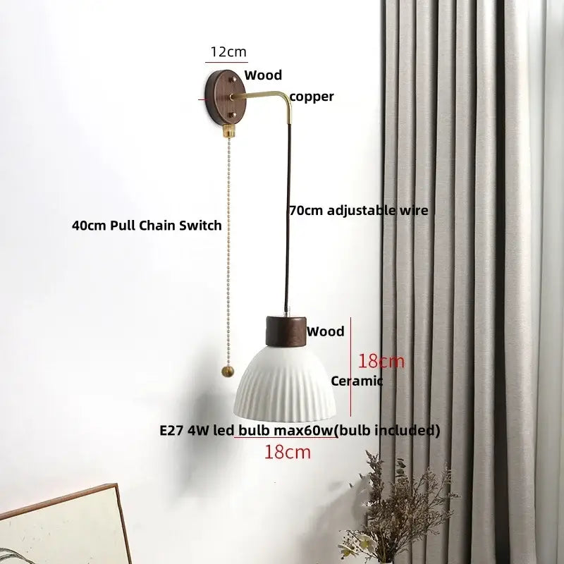 Minimalist white ceramic led wall lamp with fluted design wooden accents and copper hardware for bedroom decorbites ceramic led