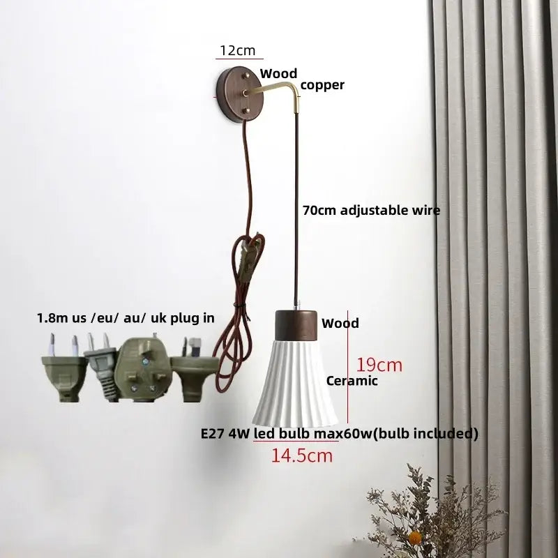 Minimalist white fluted ceramic led wall lamp with wood accents and adjustable copper arm for bedroom decorbites ceramic led decor