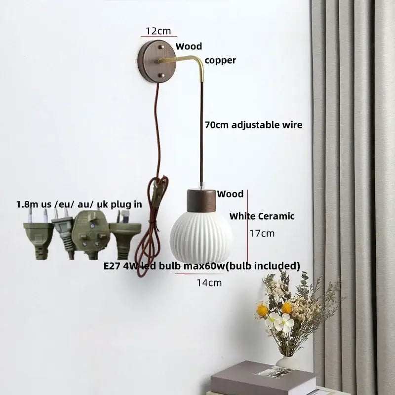 Minimalist white ceramic led wall lamp with ribbed texture wood and copper accents for bedroom decorbites ceramic led decor