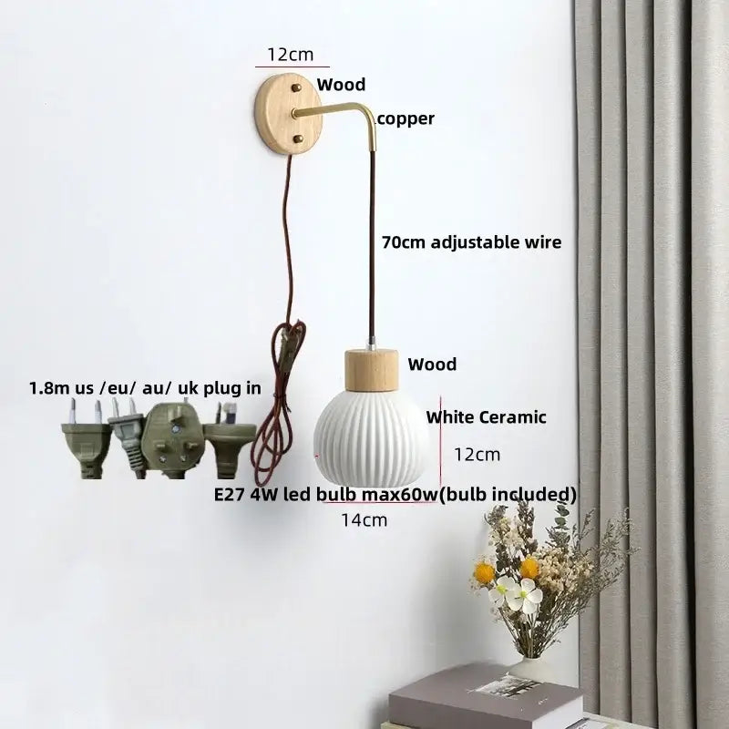 Minimalist white ceramic led wall lamp with ribbed design wooden accents and copper adjustable wire for decorbites ceramic led decor