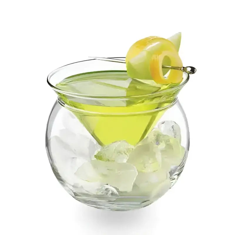 A minimalist 150ml stemless martini chiller glass with vibrant green cocktail and twisted lemon peel garnish