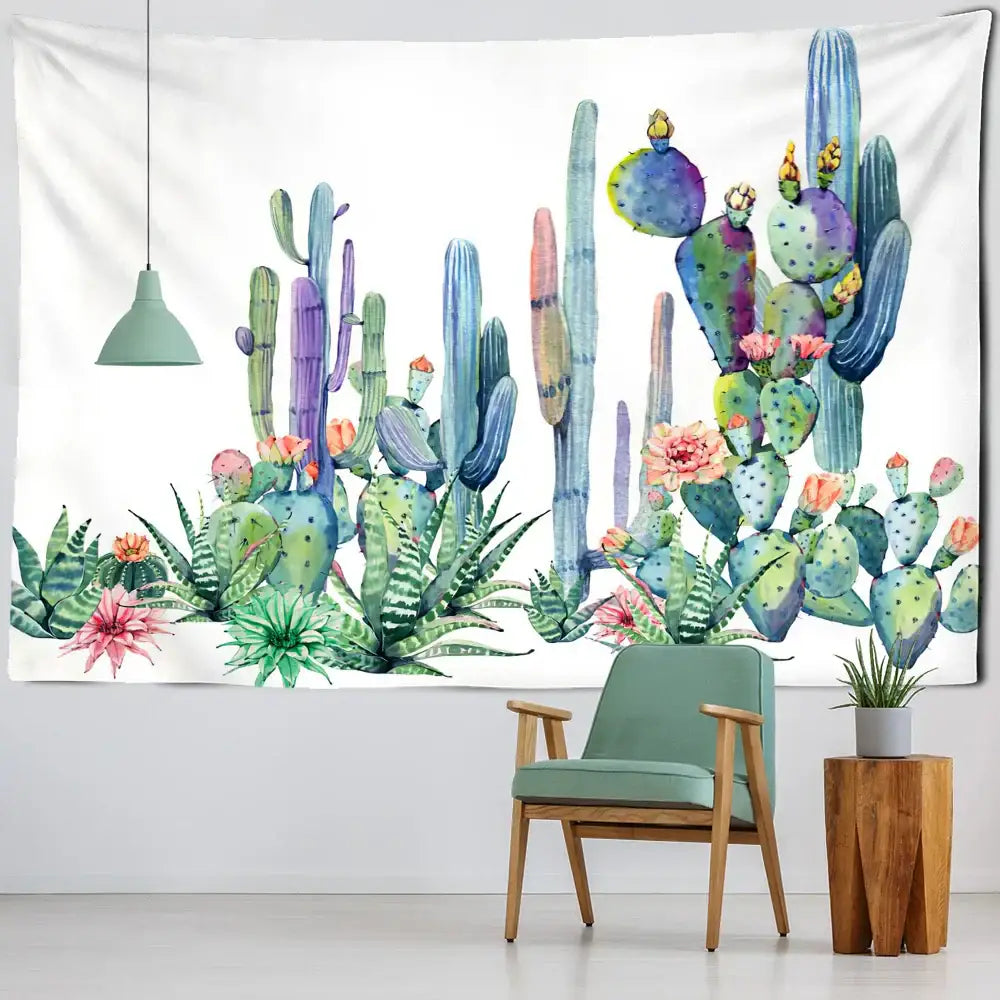 Minimalist teal cactus tropical plant tapestry featuring vibrant green blue and purple succulents with pink flowers decorbites cactus tropical decor
