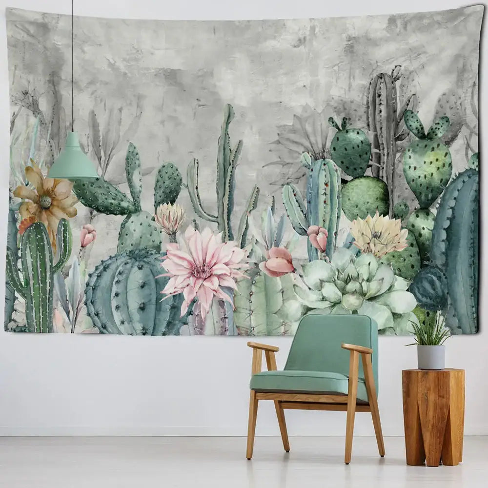 A soft teal armchair with wooden legs complements minimalist decorbites cactus tropical plant tapestry for children’s rooms
