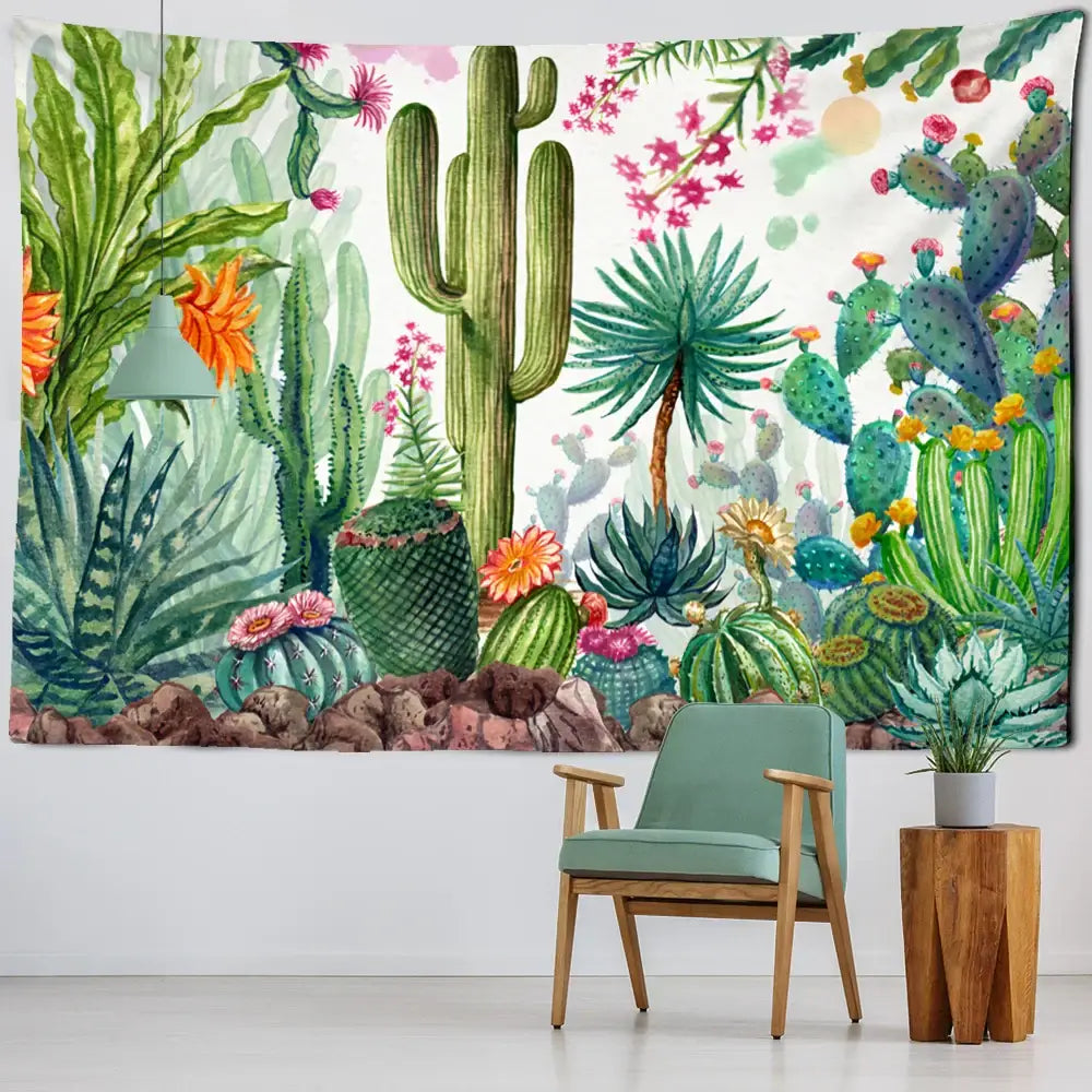 Minimalist teal cactus tropical plant tapestry with vibrant watercolor decorbites cactus tropical for children’s room decor