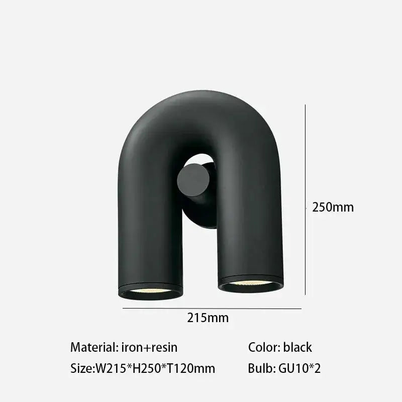 Black u-shaped minimalist cirkus tube wall sconce made of iron and resin with two gu10 bulbs for reading light