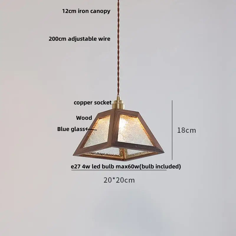Minimalist walnut and brass glass led pendant lamp with textured blue glass panels for dining room lighting