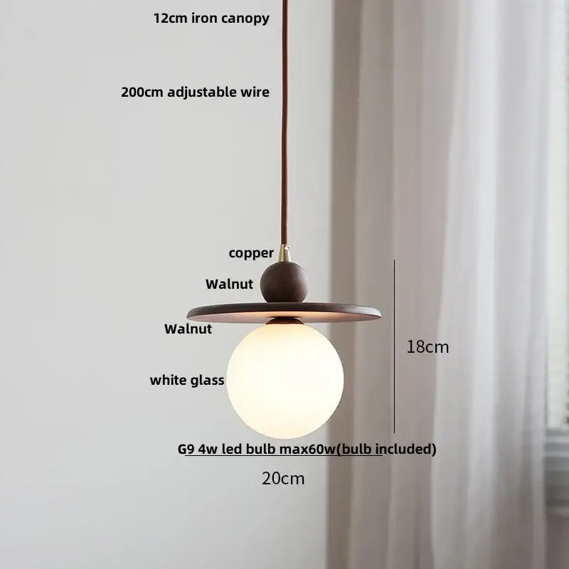 Minimalist walnut and brass glass led pendant lamp with copper iron canopy and white globe for dining room lighting