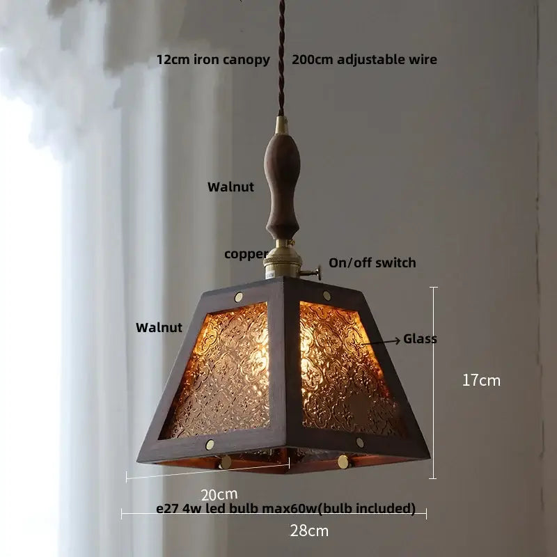 Minimalist walnut and brass glass led pendant lamp with dark walnut frame copper accents and etched glass panels for dining room