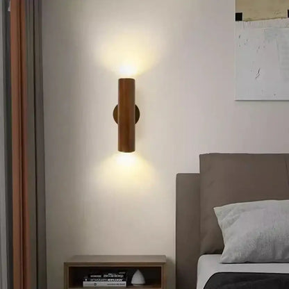 Minimalist walnut and natural decorbites led wood wall lamp with warm-toned cylindrical wood finish for bedroom decor