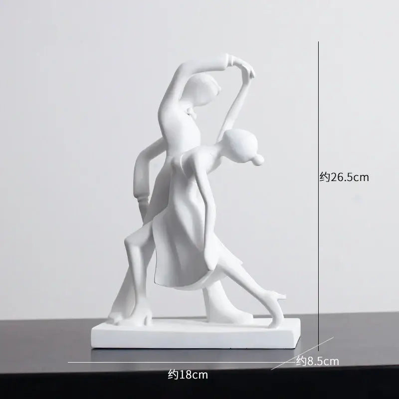 White resin minimalist abstract figures sculpture of two dancers in an elegant intertwined pose for living room decor