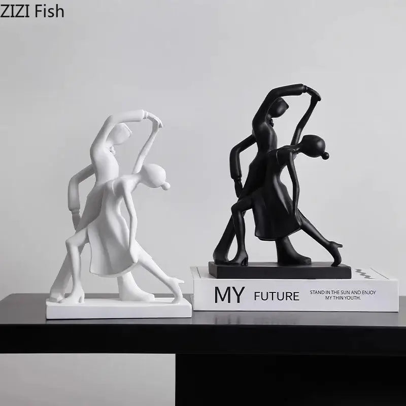 Minimalist white and black abstract figures sculpture made of smooth resin for living room decor capturing dynamic movement