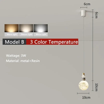 Minimalist white astronaut pendant light featuring a spherical resin moon globe with warm white lighting options