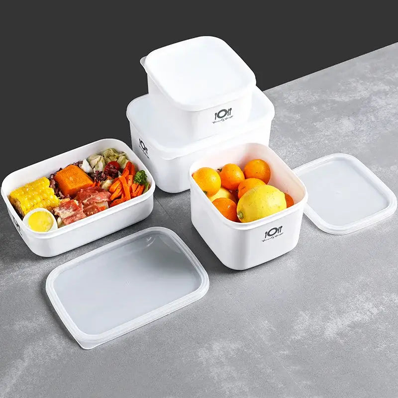 Minimalist white bento box with matching lids and subtle decorbites bento branding for kitchen food storage container