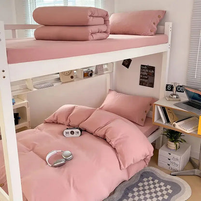 Minimalist pink bunk bed set with decorbites buttoned washed cotton bedding set and matching pillows for bedroom decor