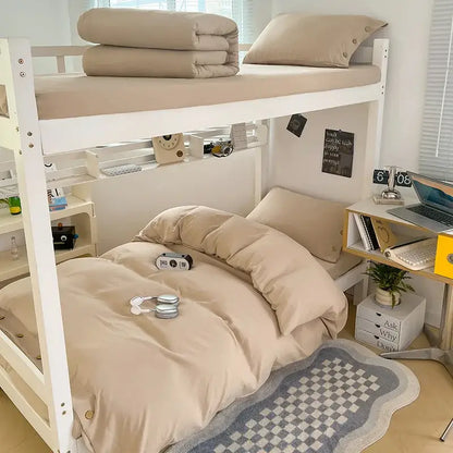 Beige bunk bed with white frame dressed in decorbites buttoned washed cotton bedding set for minimalist bedroom decor