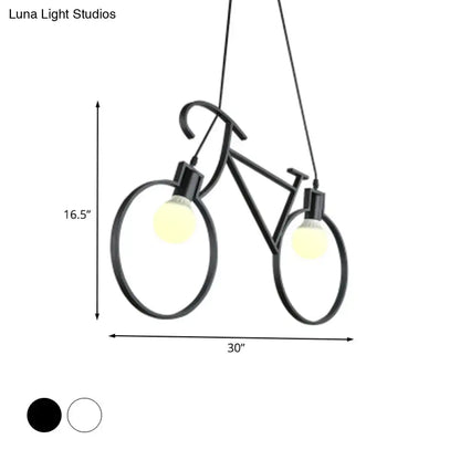 Black metal city bike pendant light with open bulb design and two glowing bulbs suitable for 220v-240v 110v-120v use