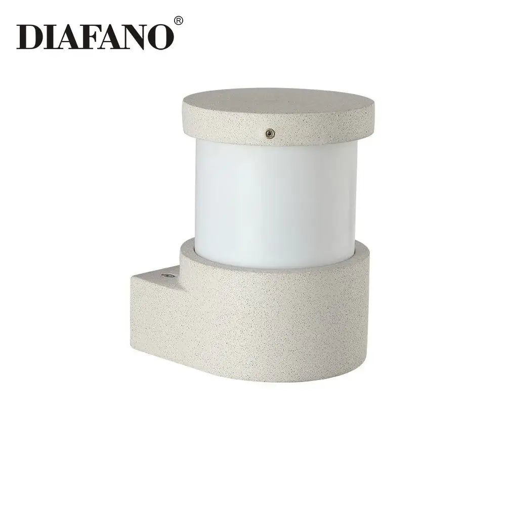 Minimalist Diafano wall lamp with textured beige concrete outdoor finish and smooth white cylindrical housing