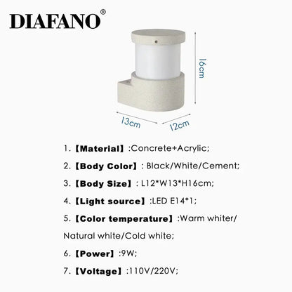 Minimalist white concrete outdoor wall lamp with cylindrical acrylic design for decorbites concrete outdoor wall use