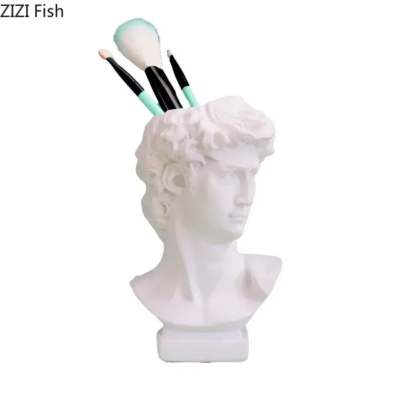 Minimalist white david portrait resin sculpture holding makeup brushes for living room decor decorbites david portrait