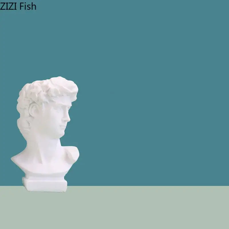 Minimalist white david portrait resin sculpture with detailed curly hair for living room decor by decorbites