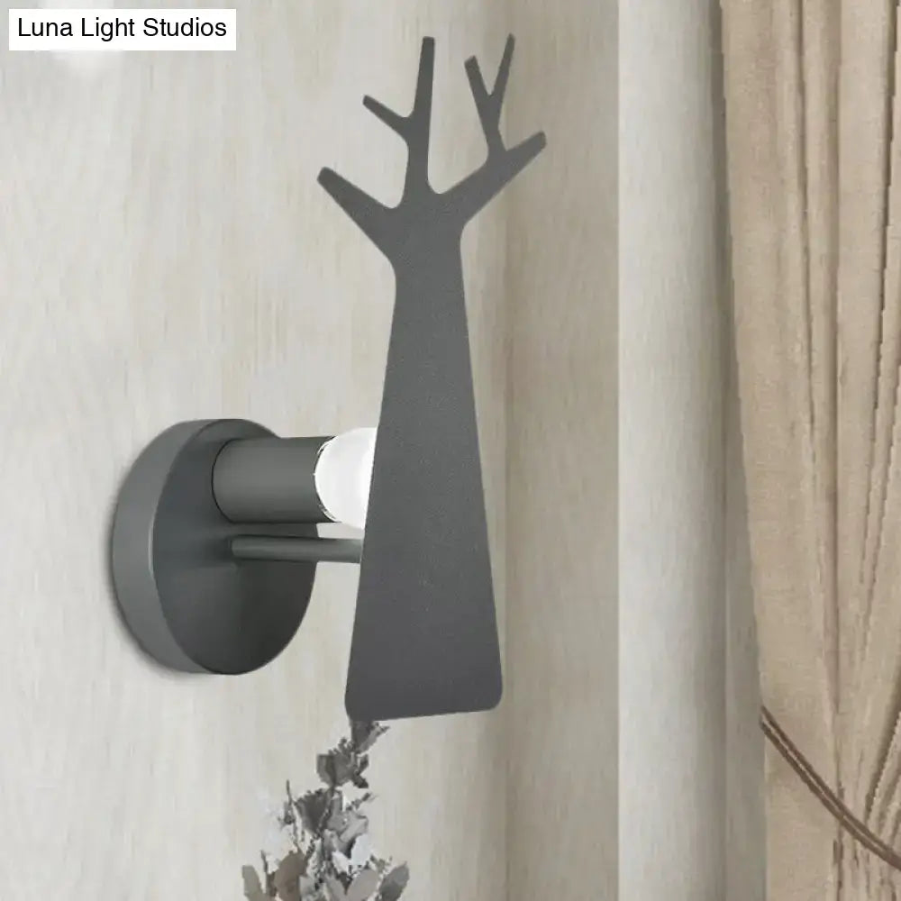 Minimalist dark gray metal deer tree wall mount light sconce with antlers for bedroom in green grey white tones