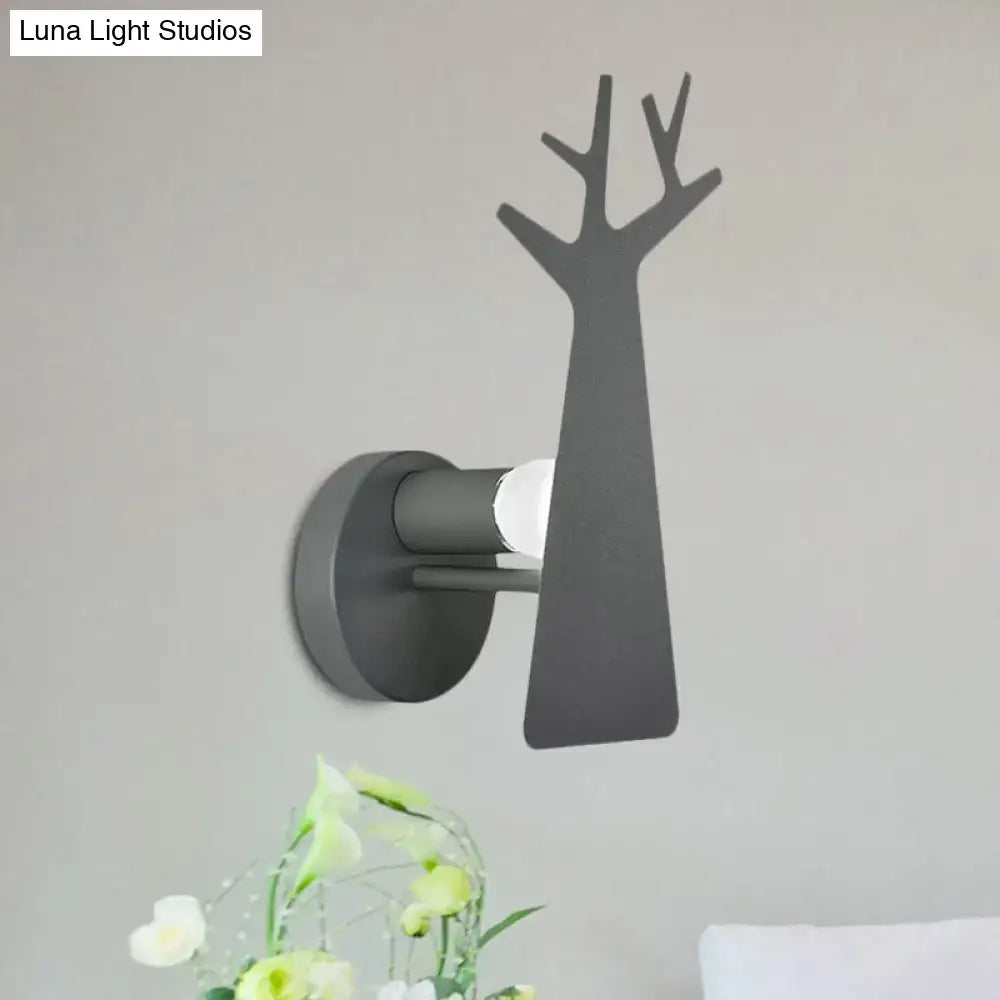 Minimalist green grey metal deer tree wall mount light with antlers for bedroom sconce in gray finish