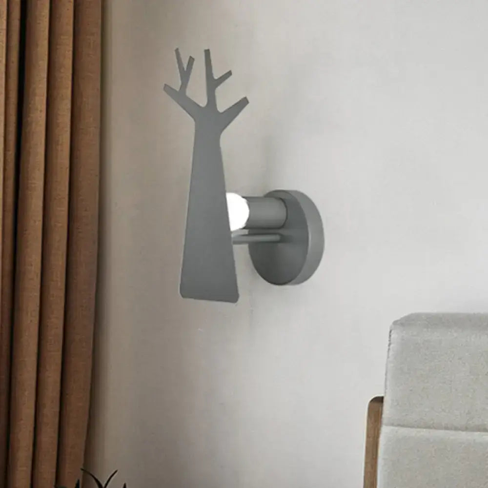 Minimalist white deer tree wall mount light with gray tree-shaped matte wall sconce for bedroom in green grey white tones