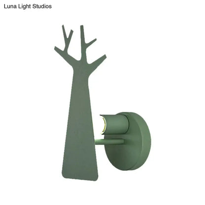 Minimalist white deer tree wall mount light bedroom sconce with olive green tree design and metal construction in green grey white