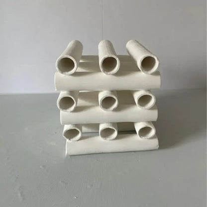 Minimalist white geometric ceramic pipe decorative figurines with a stacked design for living room decorbites decor