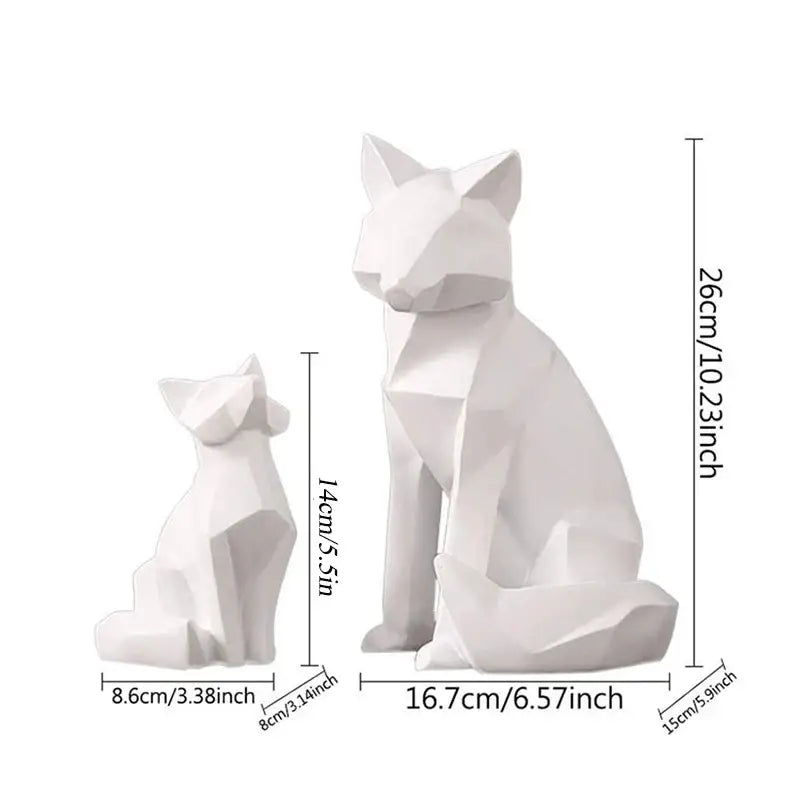 Minimalist white geometric fox sculpture and cat figurines with faceted design for modern living room decor