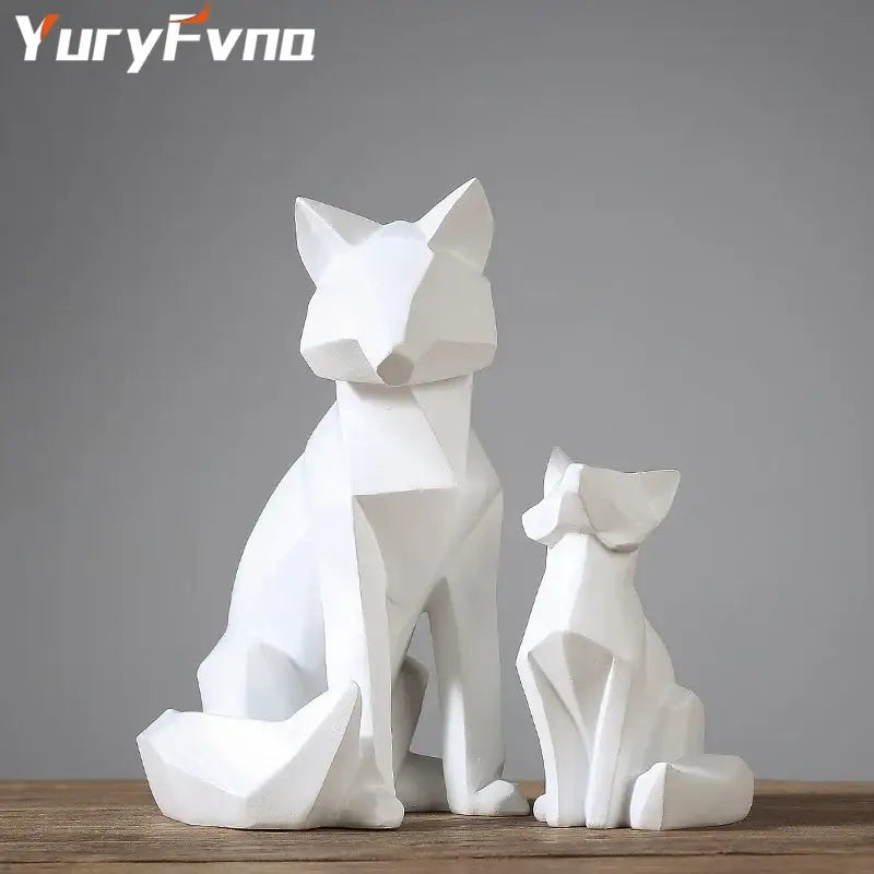 Minimalist white geometric fox sculpture and dog figurines with clean lines for living room decor