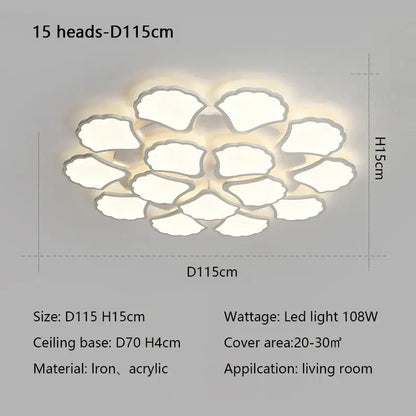 A minimalist white ginkgo biloba ceiling lamp with 15 cloud-shaped acrylic panels on an iron base by decorbites