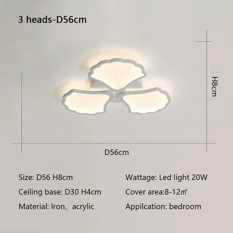 Minimalist white ginkgo biloba ceiling lamp with three iron and acrylic fan-shaped heads for bedroom decorbites ginkgo biloba
