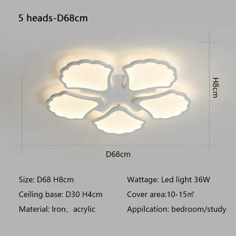 Minimalist white ginkgo biloba ceiling lamp with five illuminated iron and acrylic petals for bedroom decorbites ginkgo biloba