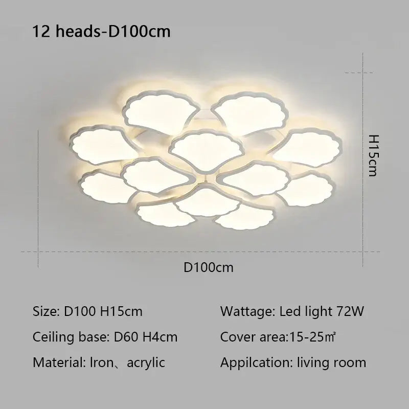 Minimalist white ginkgo biloba ceiling lamp with twelve illuminated shell-shaped panels for bedroom decorbites ginkgo biloba