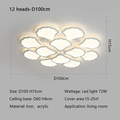 Minimalist white ginkgo biloba ceiling lamp with twelve illuminated shell-shaped panels for bedroom decorbites ginkgo biloba