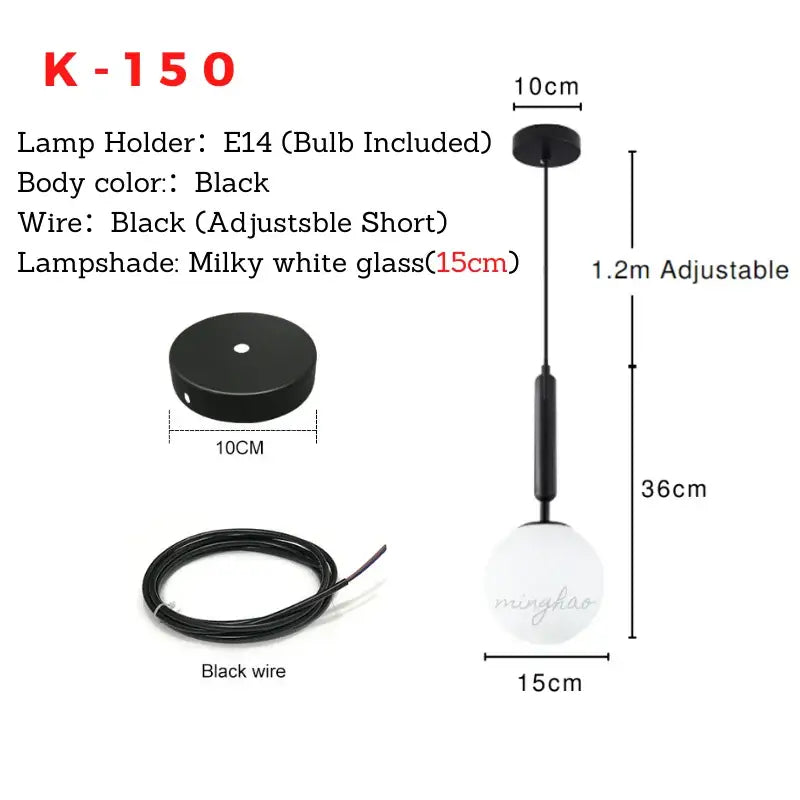 Black k-150 pendant light with milky white glass ball shade and adjustable wire for minimalist dining room decorbites glass ball