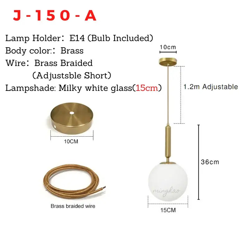 Brass-finished glass ball pendant light with milky white globe and adjustable brass braided wire for dining room decorbites fixture