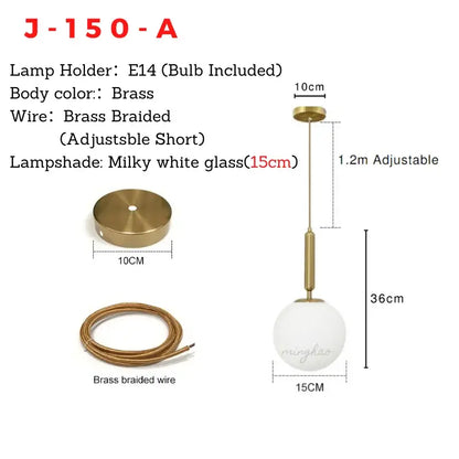 Brass-finished glass ball pendant light with milky white globe and adjustable brass braided wire for dining room decorbites fixture
