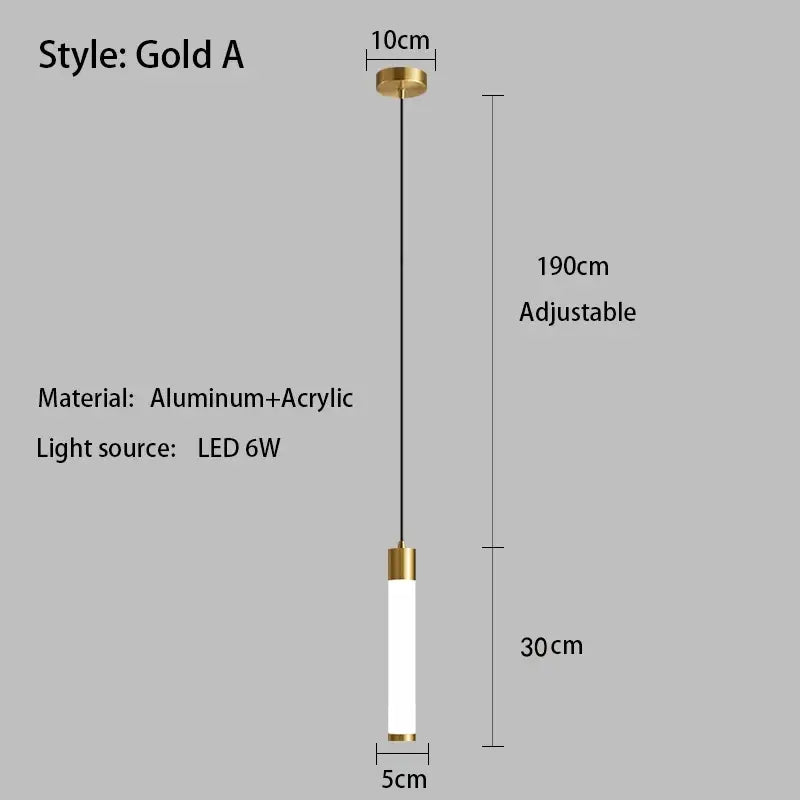 Gold-finished minimalist linear pendant light with white acrylic diffuser and aluminum hardware for kitchen island lighting