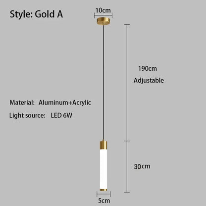 Gold-finished minimalist linear pendant light with white acrylic diffuser and aluminum hardware for kitchen island lighting