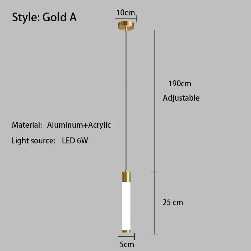 Gold-finished minimalist linear pendant light with white finish acrylic diffuser and adjustable aluminum hardware for kitchen island lighting