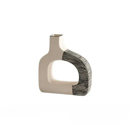 Minimalist ceramic flower vase with beige matte body and charcoal gray geometric stripes for living room decor